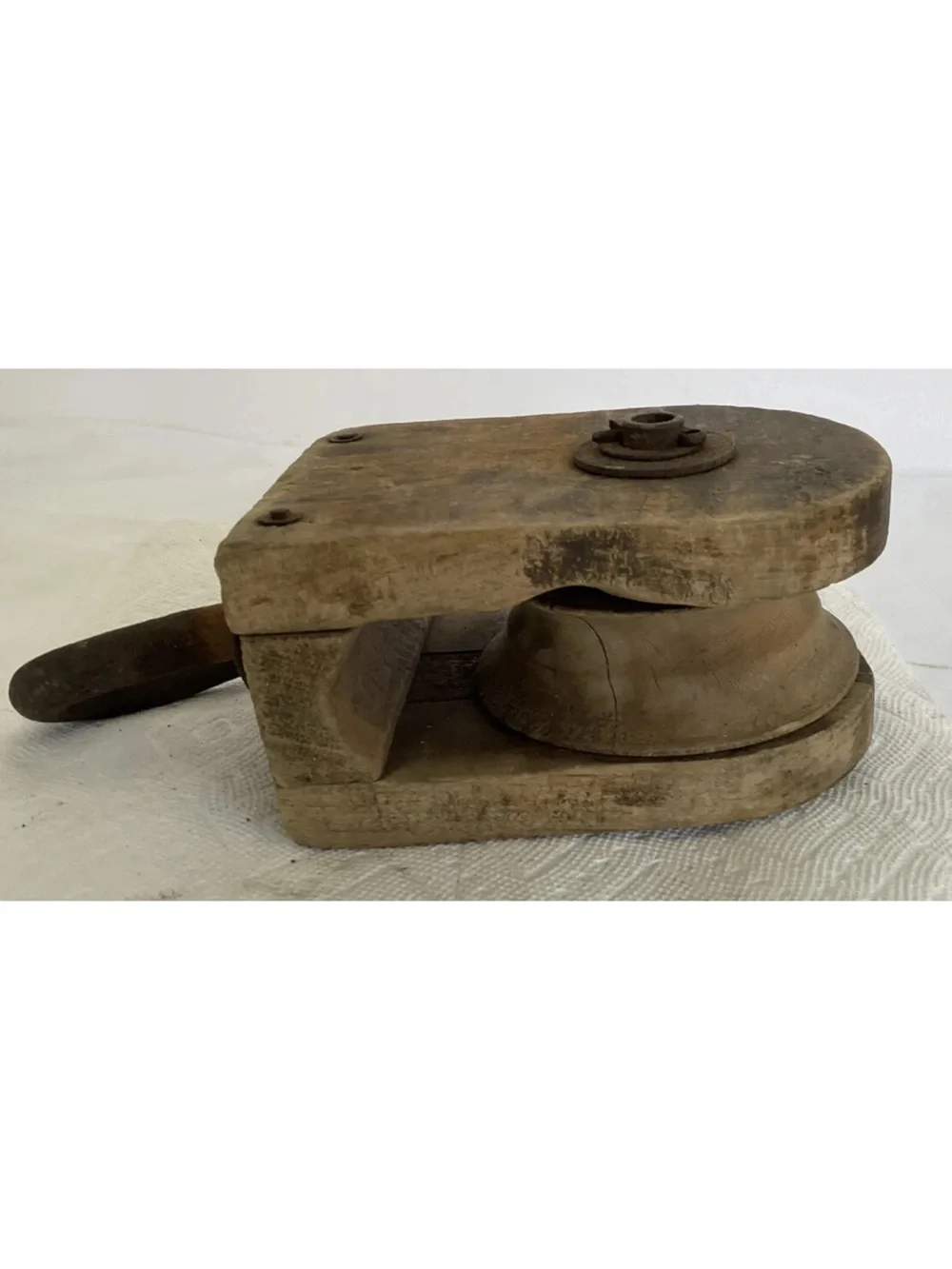 Vintage Wooden Barn Pully Wood Wheel W/ Iron Hook Great Display